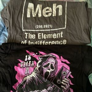 2 tshirts “meh the element of indifference” and scream shirt